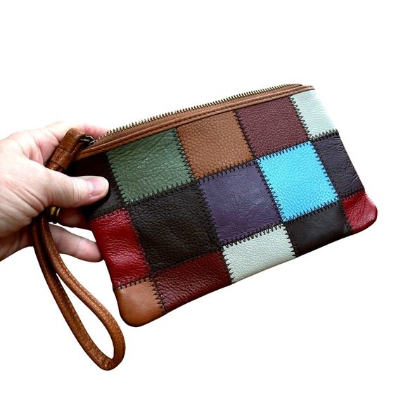 Kooba zipper top leather patchwork wristlet pouch cosmetics bag tan multi-color - Picture 4 of 5